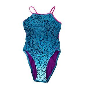 Speedo Turnz 8/36 Tie Back One Piece Swimsuit Blue Purple Leopard Print 3983